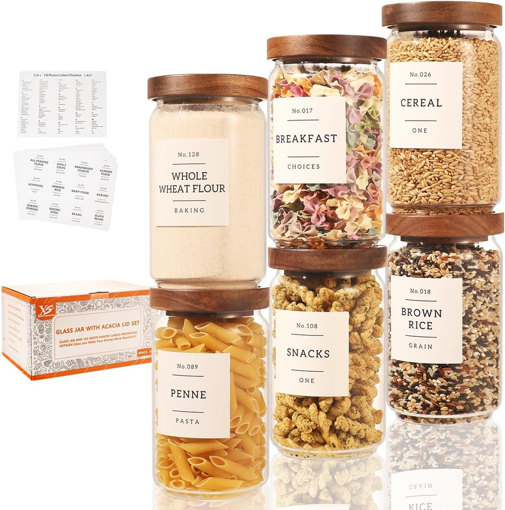 6 Pack Glass Canisters with Airtight Acacia Lids and 132 Kitchen Pantey Label...