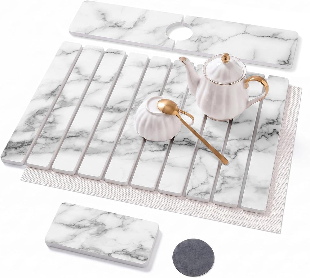Large Stone Dish Drying Mat Set for Kitchen Counter White Marble