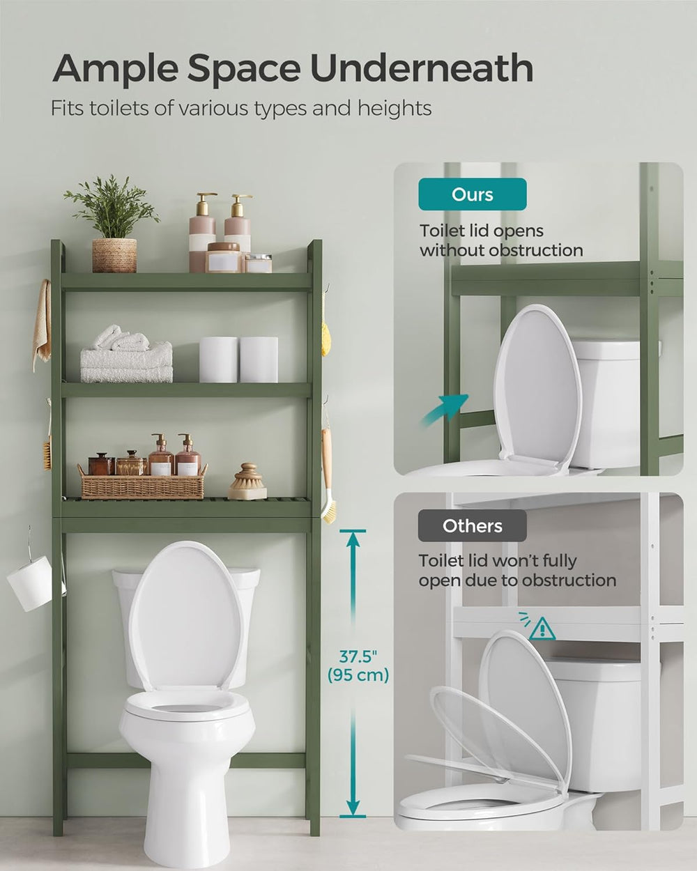 SONGMICS 3-Tier Bamboo Over The Toilet Storage, Adjustable Shelf, 66.9'&#...
