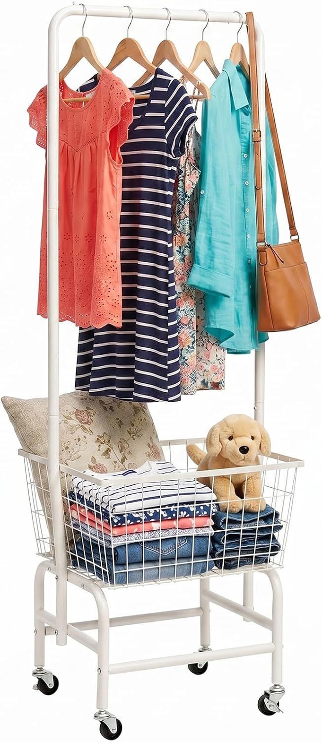 ALIMORDEN Rolling Laundry Cart with Hanging Rack & Metal Basket, White