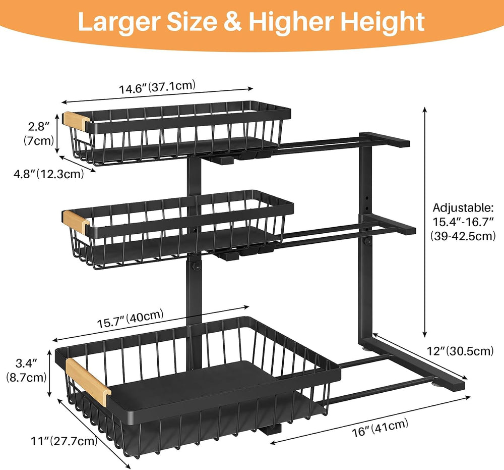 PXRACK Under Sink Organizer, 3-Tier 2-Pack Adjustable Height Pull Out Under C...