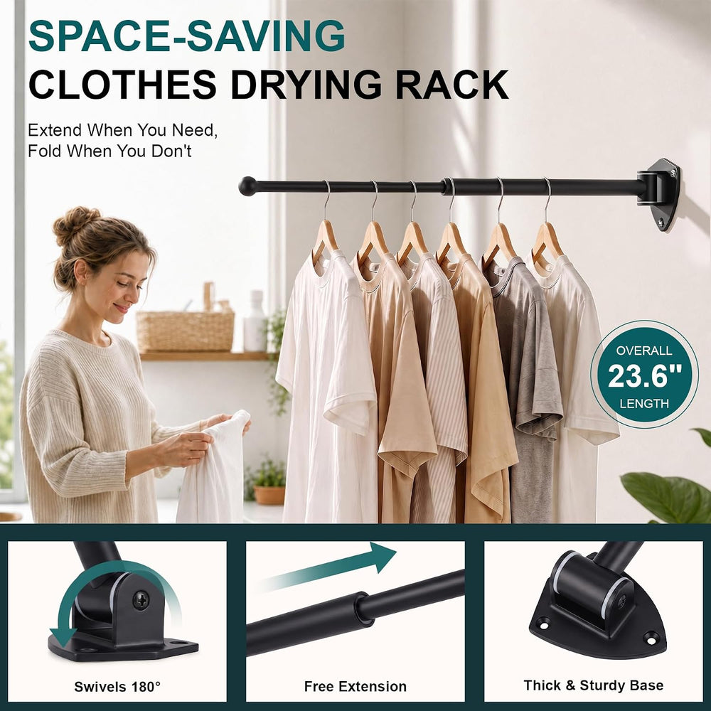 12" Wall Mounted Drying Rack, Foldable & Pull-Out Clothes Hanger, Black