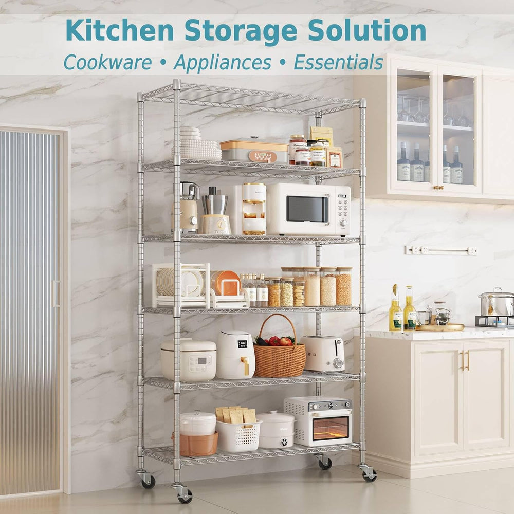 Homdox 6-Tier Wire Shelving Unit with Wheels, Adjustable Metal Storage Shelve...