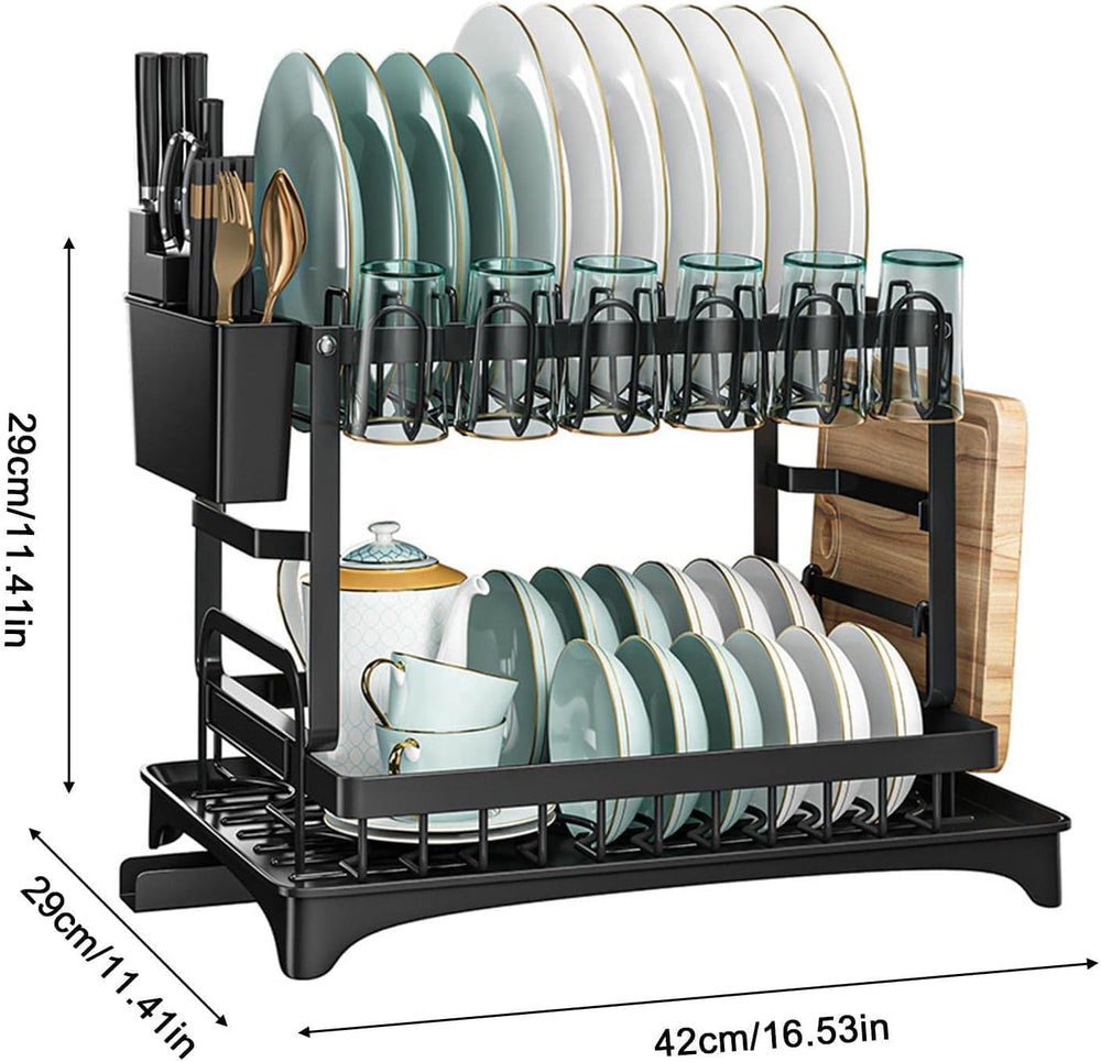 2 Tier Dish Drying Rack Stainless Steel with Auto Drainboard 360° Swivel Spou...