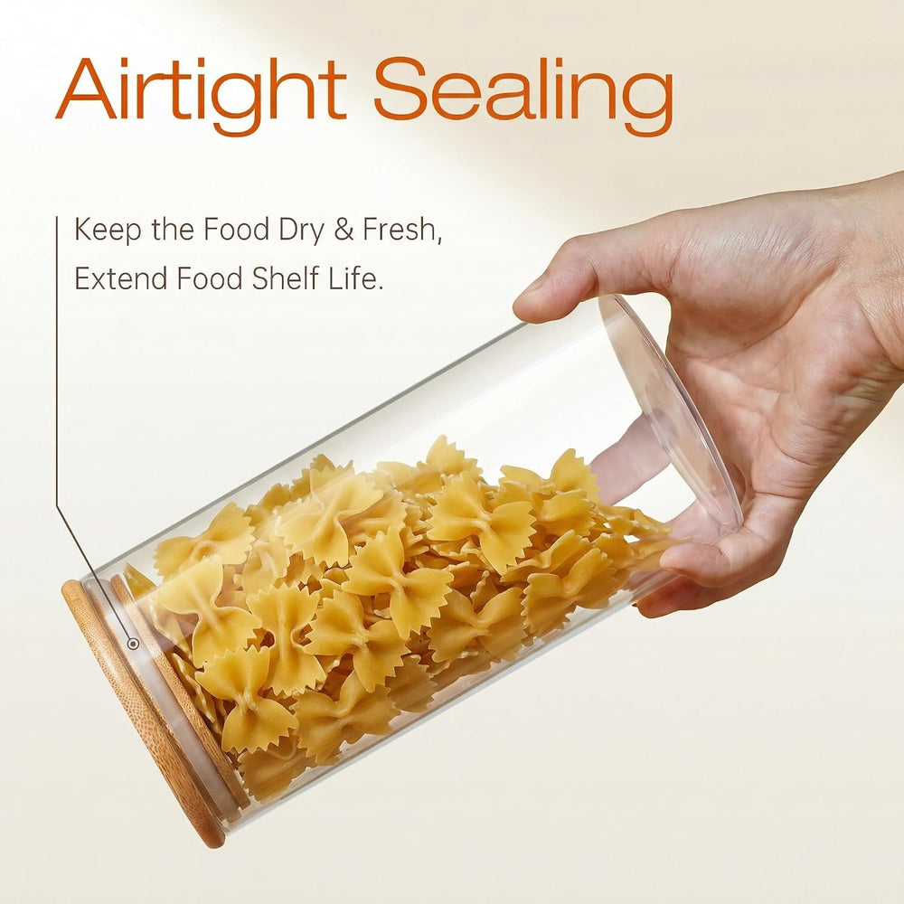 Round Glass Storage Containers with Bamboo Lids for Pasta & Flour, 5 Pack