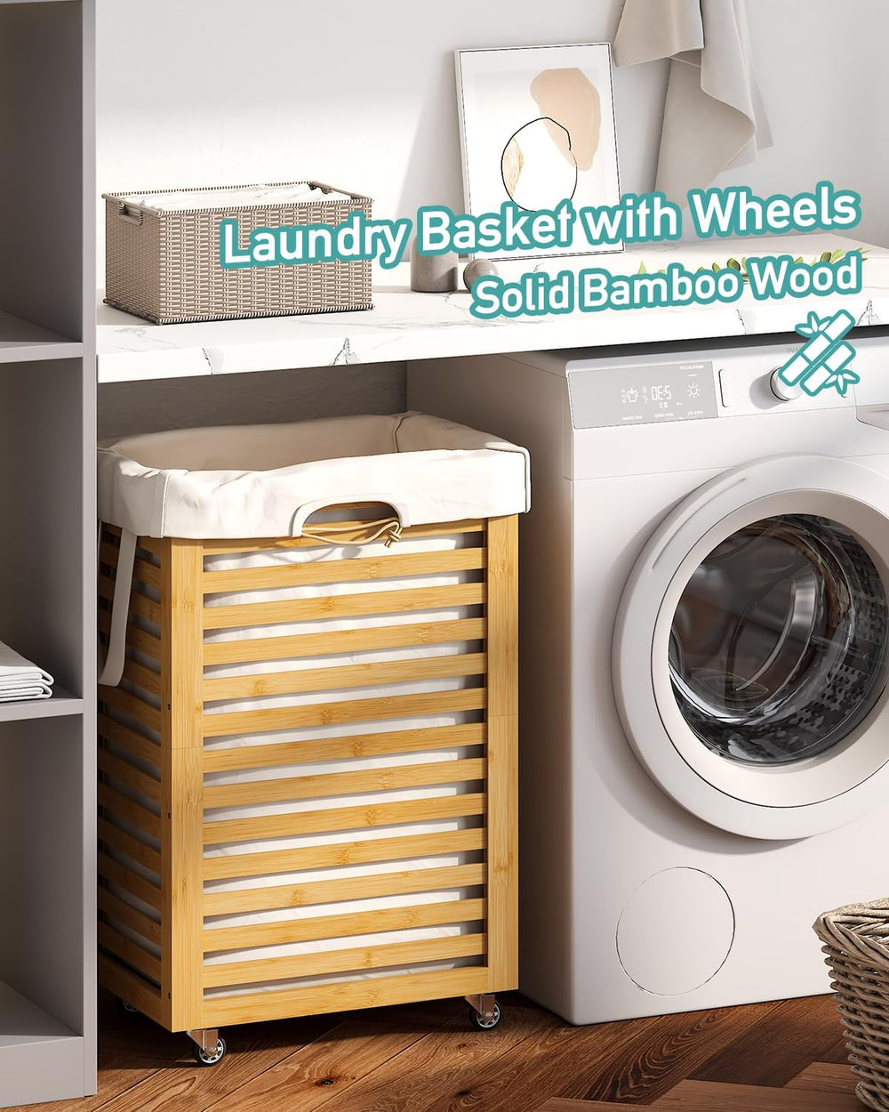 Laundry Hamper, 22.7 Gallon (86L) Bamboo Wood Clothes Laundry Basket with Whe...