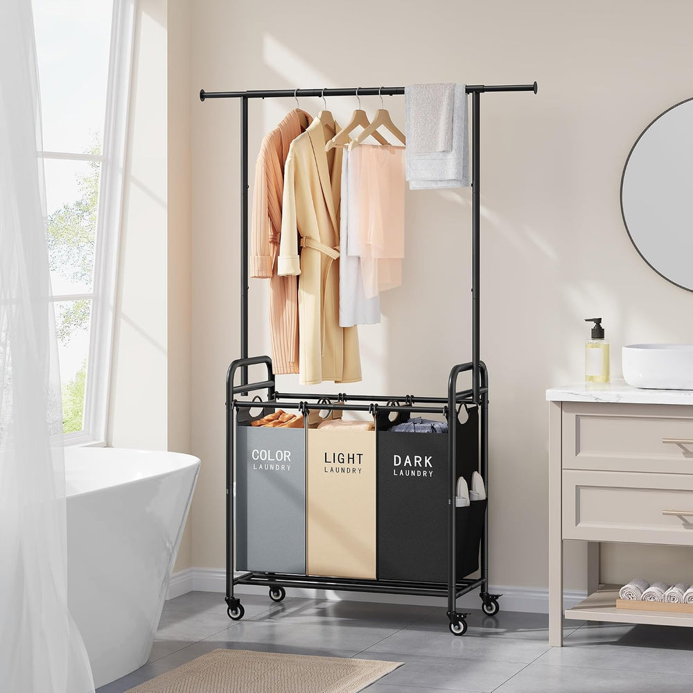 Tajsoon Laundry Sorter Cart with Hanging Clothes Rack, 3 Section, 3 Colors