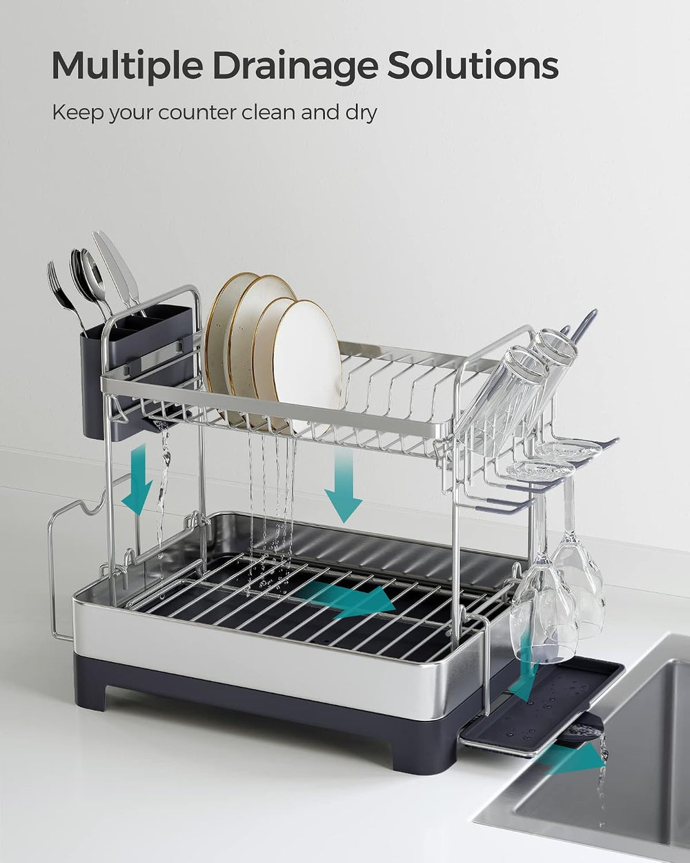 SONGMICS 2 Tier Dish Drying Rack for Kitchen Counter
