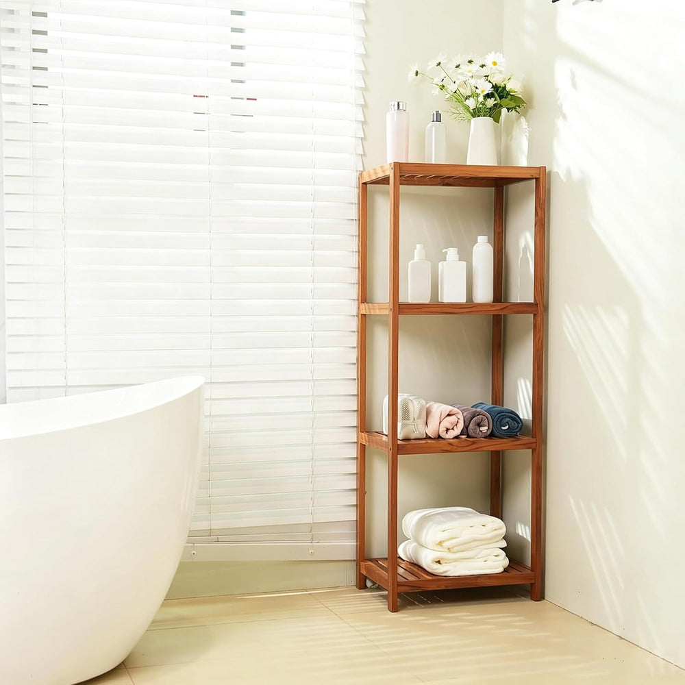 VaeFae Teak Bathroom Shelf, 4-Tier Storage Shelf, Wooden Stand Shelf Organize...