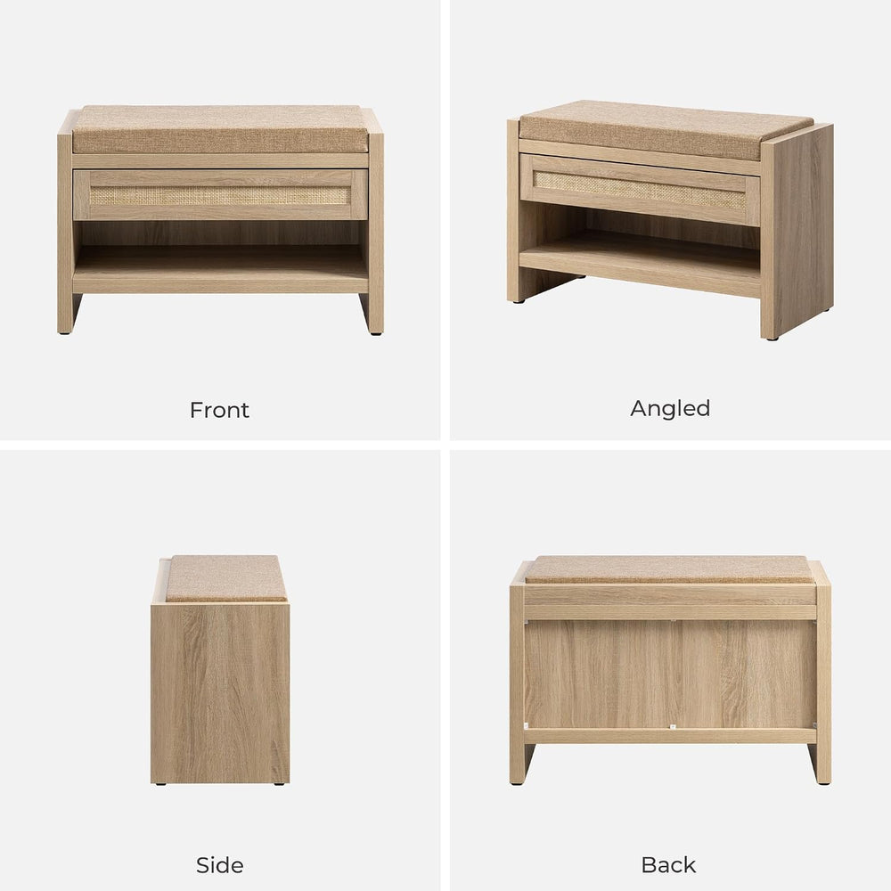 SICOTAS Rattan Shoe Bench Entryway Bench with Storage Drawer, Linen Cushion