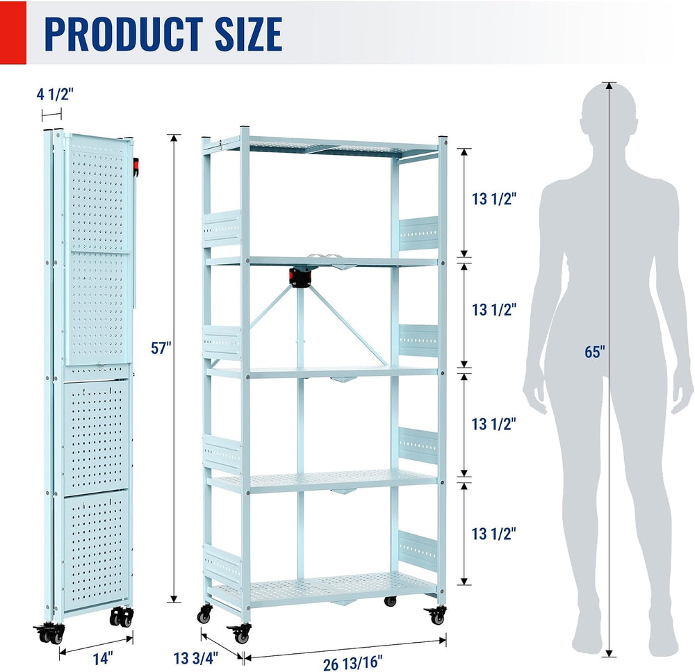 WORKPRO 5-Tier Folding Shelf, No-Assembly Metal Storage Rack with Wheels, 750...