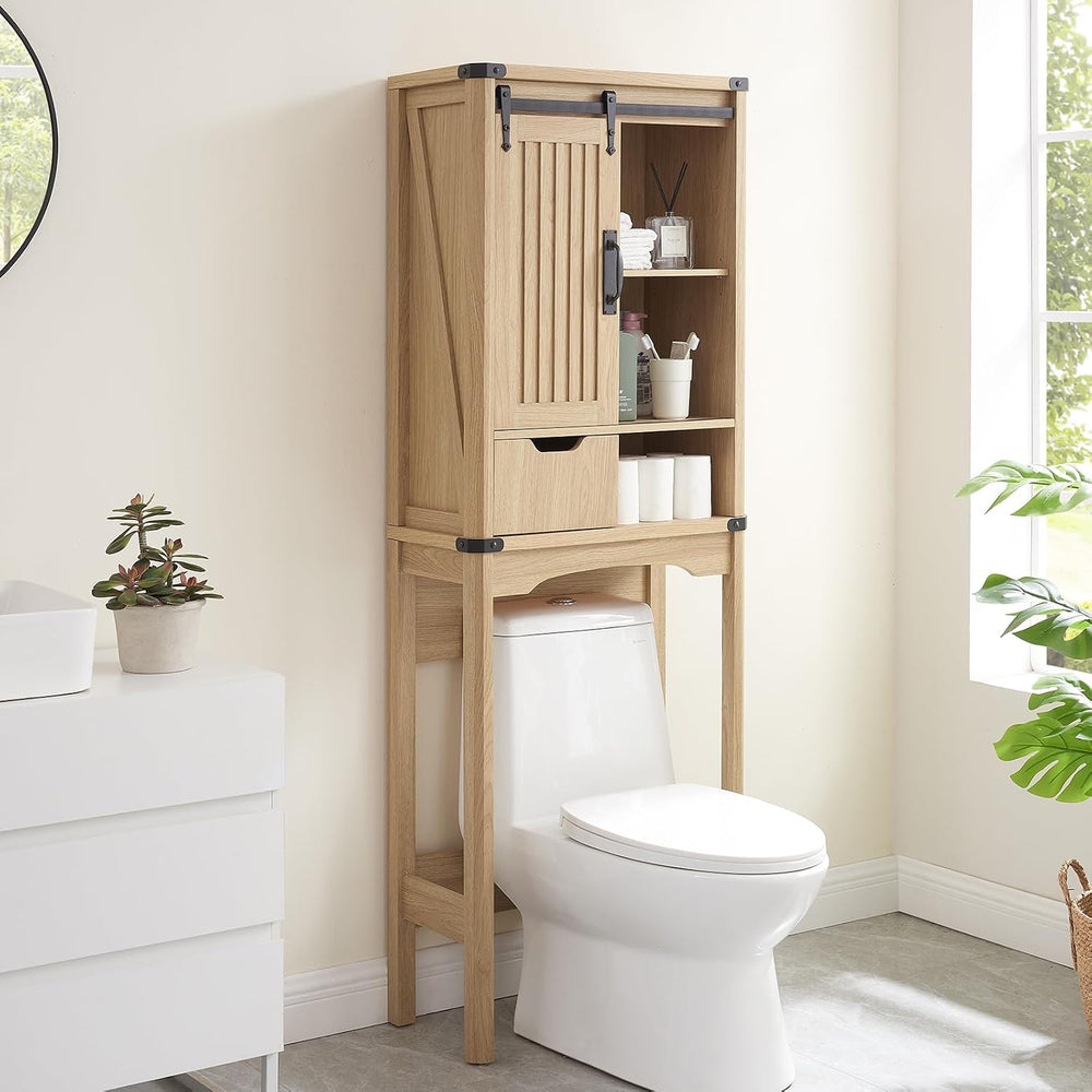 Wooden Over The Toilet Storage Cabinet with Sliding Barn Door