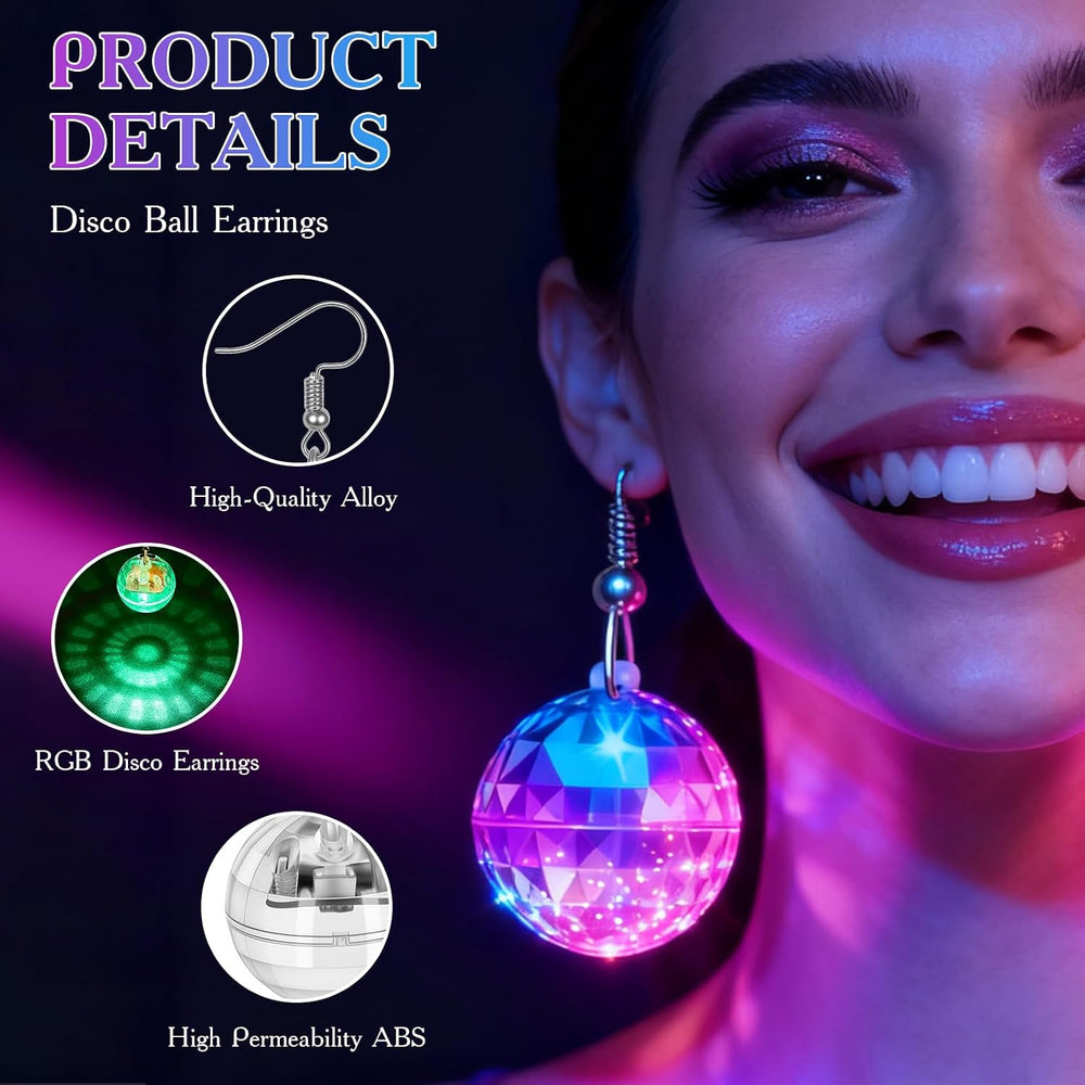 2 Pair Rechargeable Disco Ball Earrings 16 Light Modes, Light up Earrings 32m...