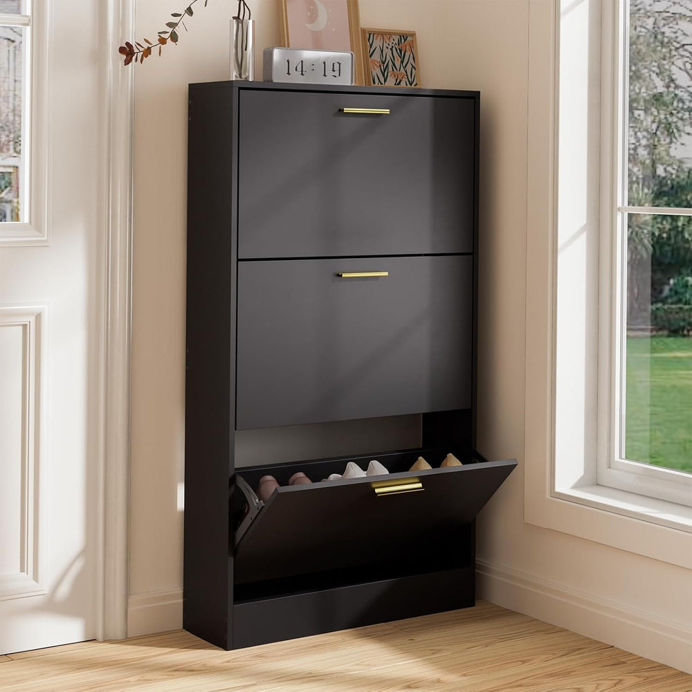 LYNSOM Modern Entryway Shoe Cabinet with 3 Flip Drawers and Top Display, Blac...