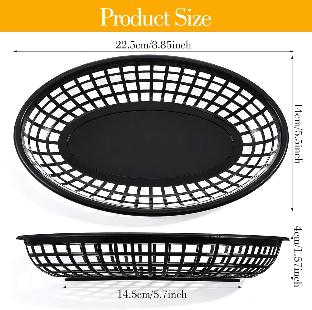 100 Pack Black Oval Fast Food Baskets, 8.85 x 5.5 Inch Reusable Plastic Servi...