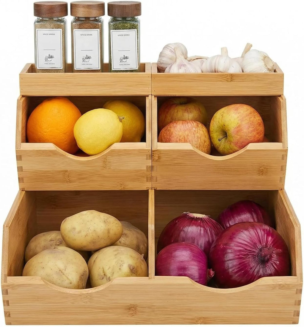 Bamboo Pantry Storage Bins Set 5 Pieces - Stackable Baskets, Potato and Onion...