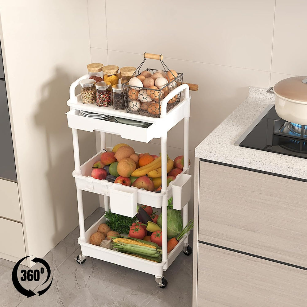 3 Tier Rolling Utility Cart with Drawer, Plastic Storage Organizer Rolling Ca...