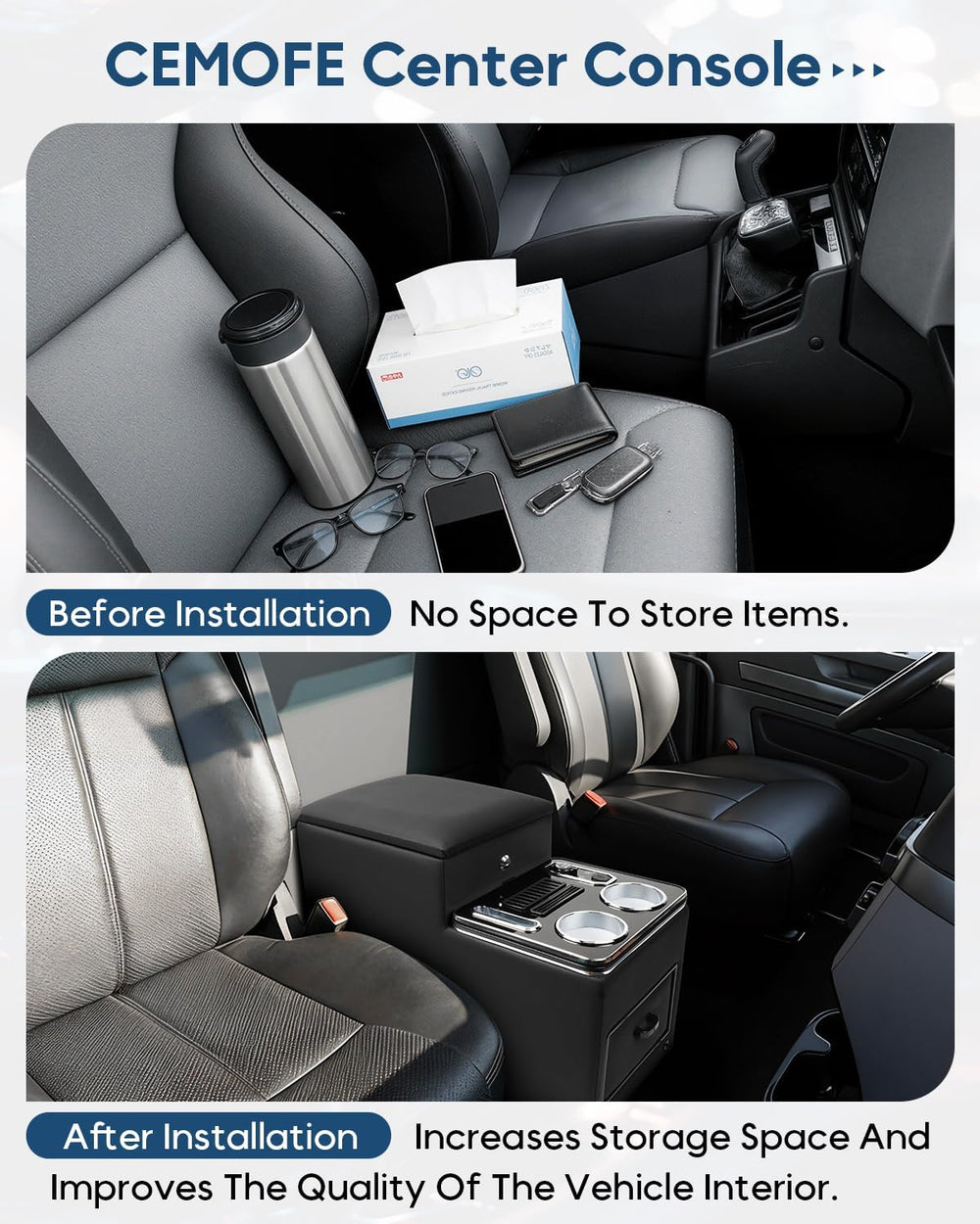 Center Console Between Seat with Lock, Cup & Phone Holder, Regular