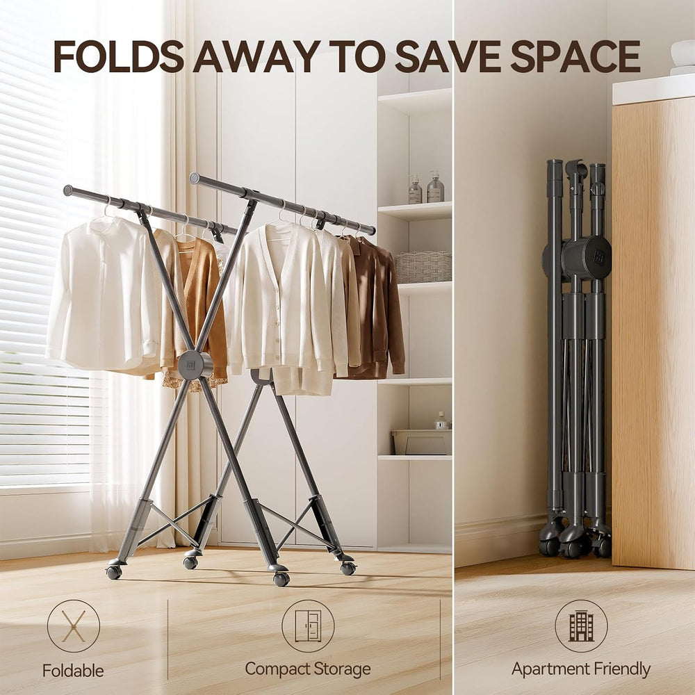 SUJI Clothes Drying Rack, Dual Rod with Wheels, Grey Foldable