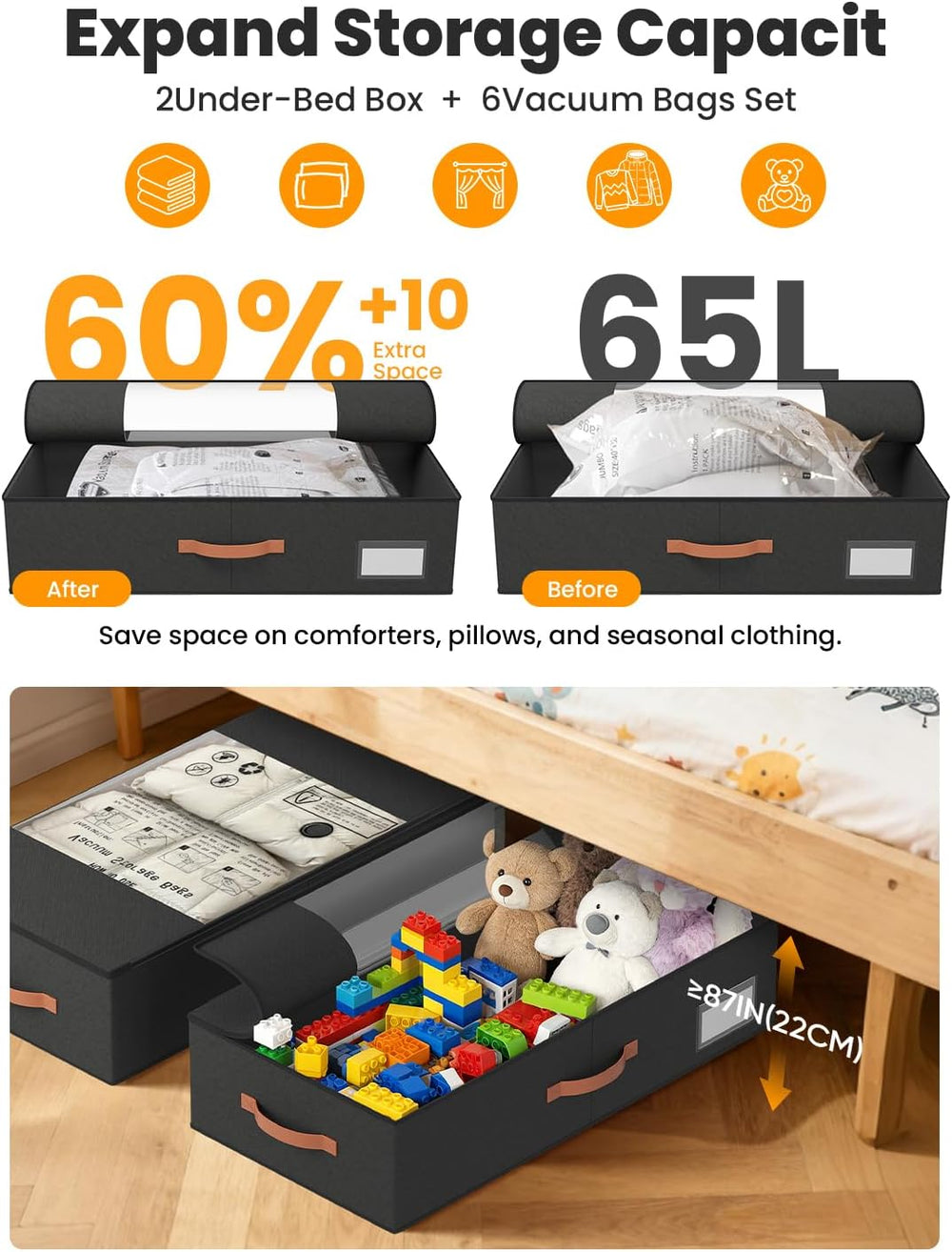 TOSKING 2-Pack Under Bed Storage Drawers with Wheels, 6 Vacuum Bags, 7.9&quot...