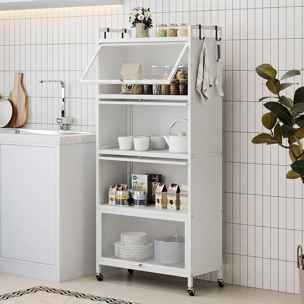 GIANTEX 5-Tier Kitchen Storage Cabinet, 4 PC Doors, Rolling Wheels (White)