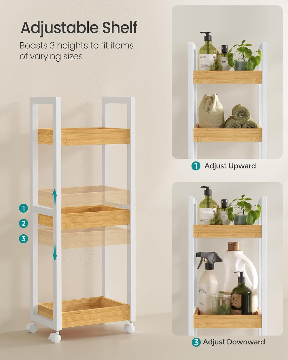 SONGMICS Bamboo Bathroom Shelf, 3-Tier Adjustable Plants Rack