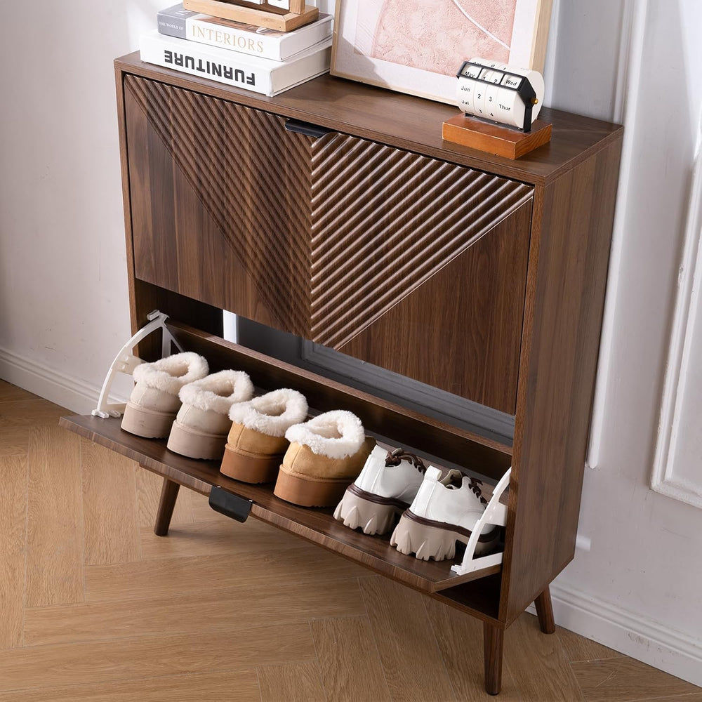 Shoe Cabinet Storage, Farmhouse Freestanding Organizer with 2 Flip Drawers