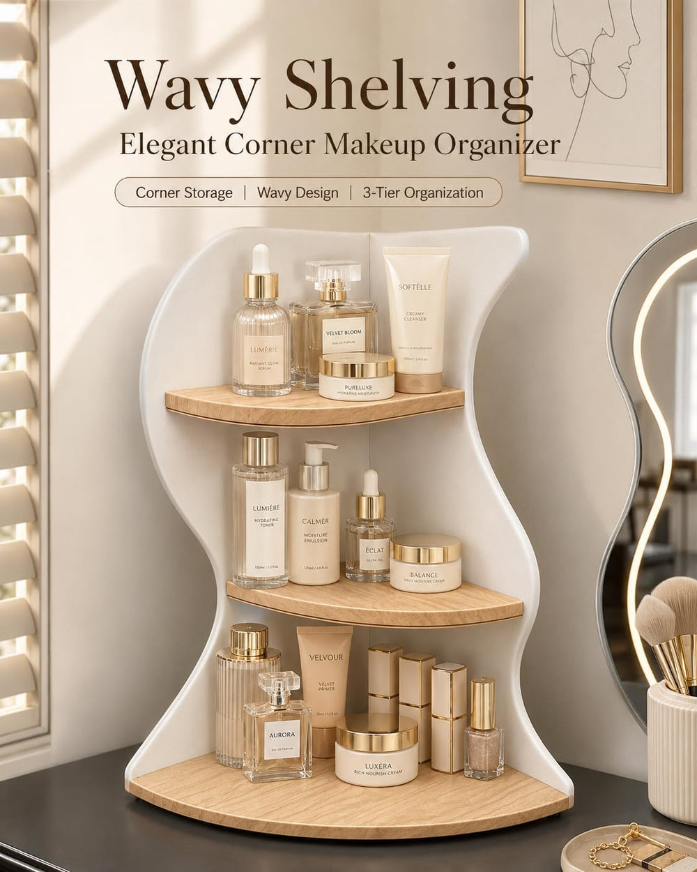 Makeup Organizer Corner Shelf, 3 Tier Vanity Rack, Space Saving Stand