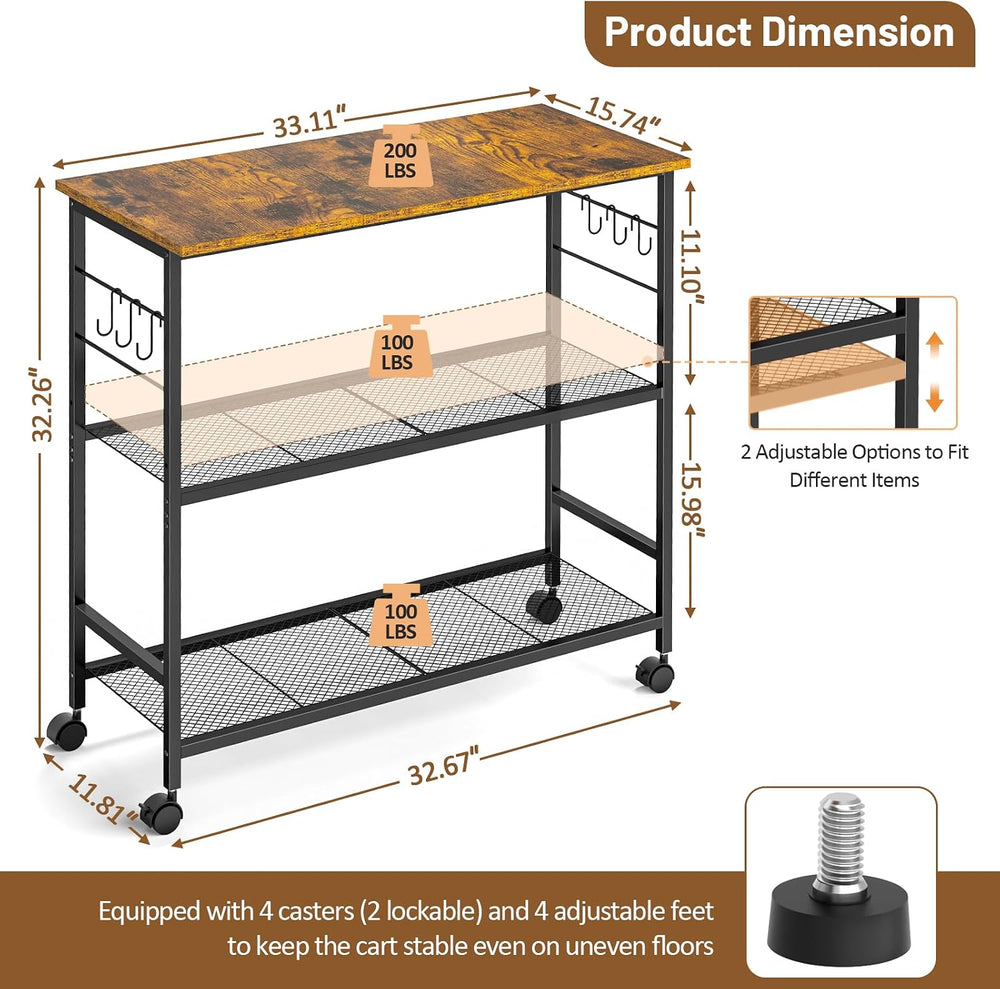3 Tier Rolling Kitchen Microwave Cart, 33 Inch Microwave Table Stand with Adj...