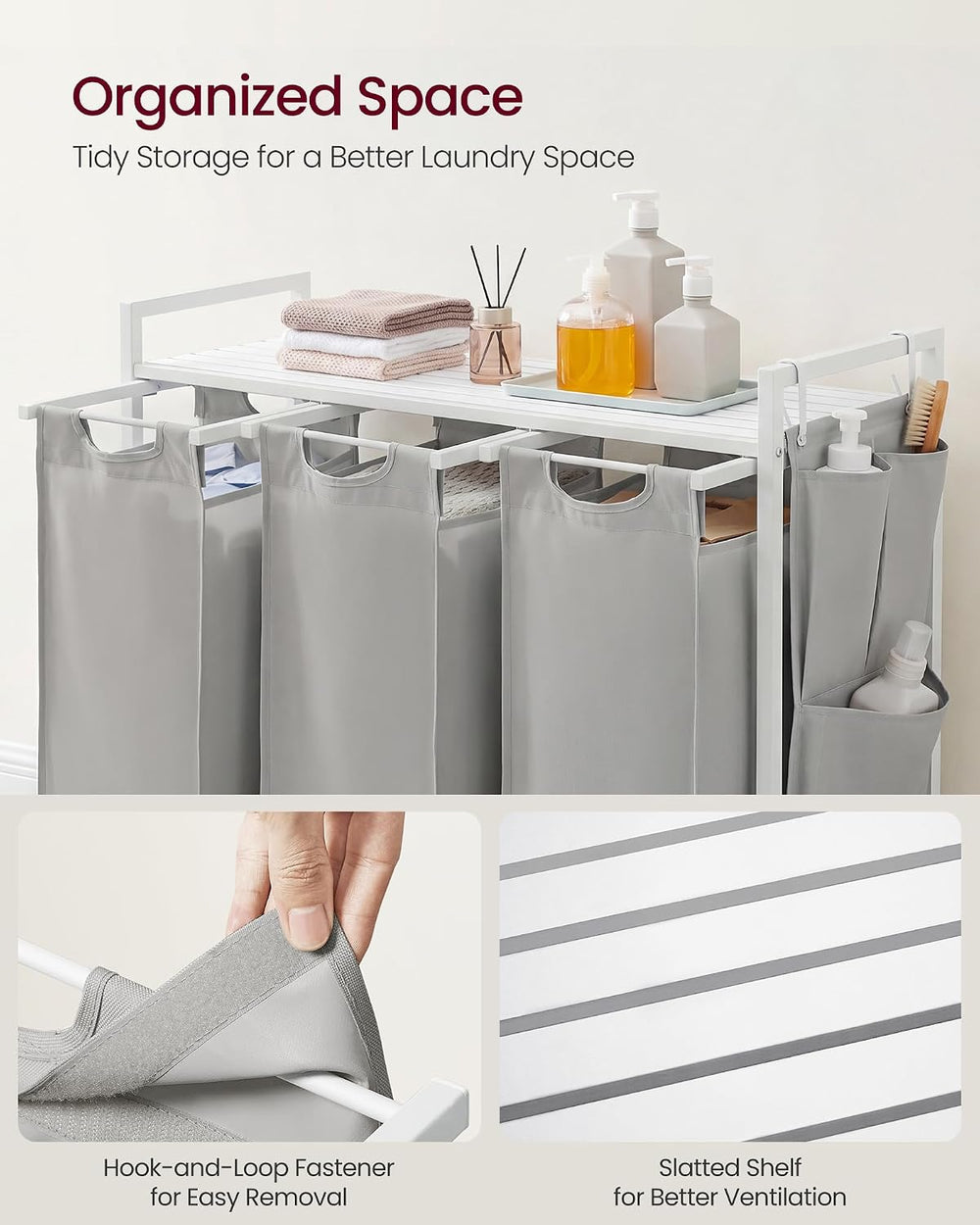 VASAGLE Laundry Hamper with Shelf, 3 Pull-Out Bags, 3 x 10.6 Gallons (40 L)