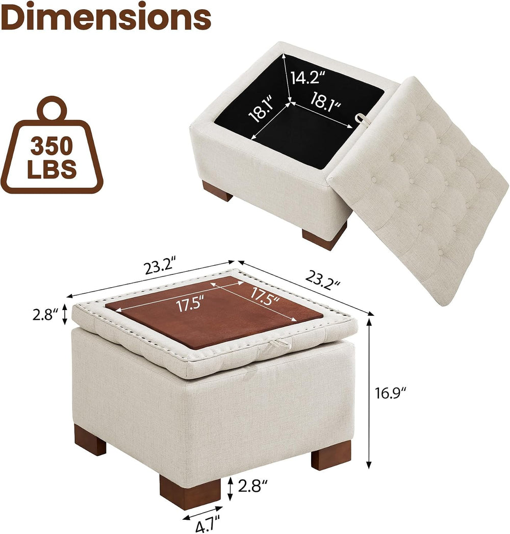 24 Inch Square Storage Ottoman Coffee Table, Modern Tufted Upholstered Ottoma...