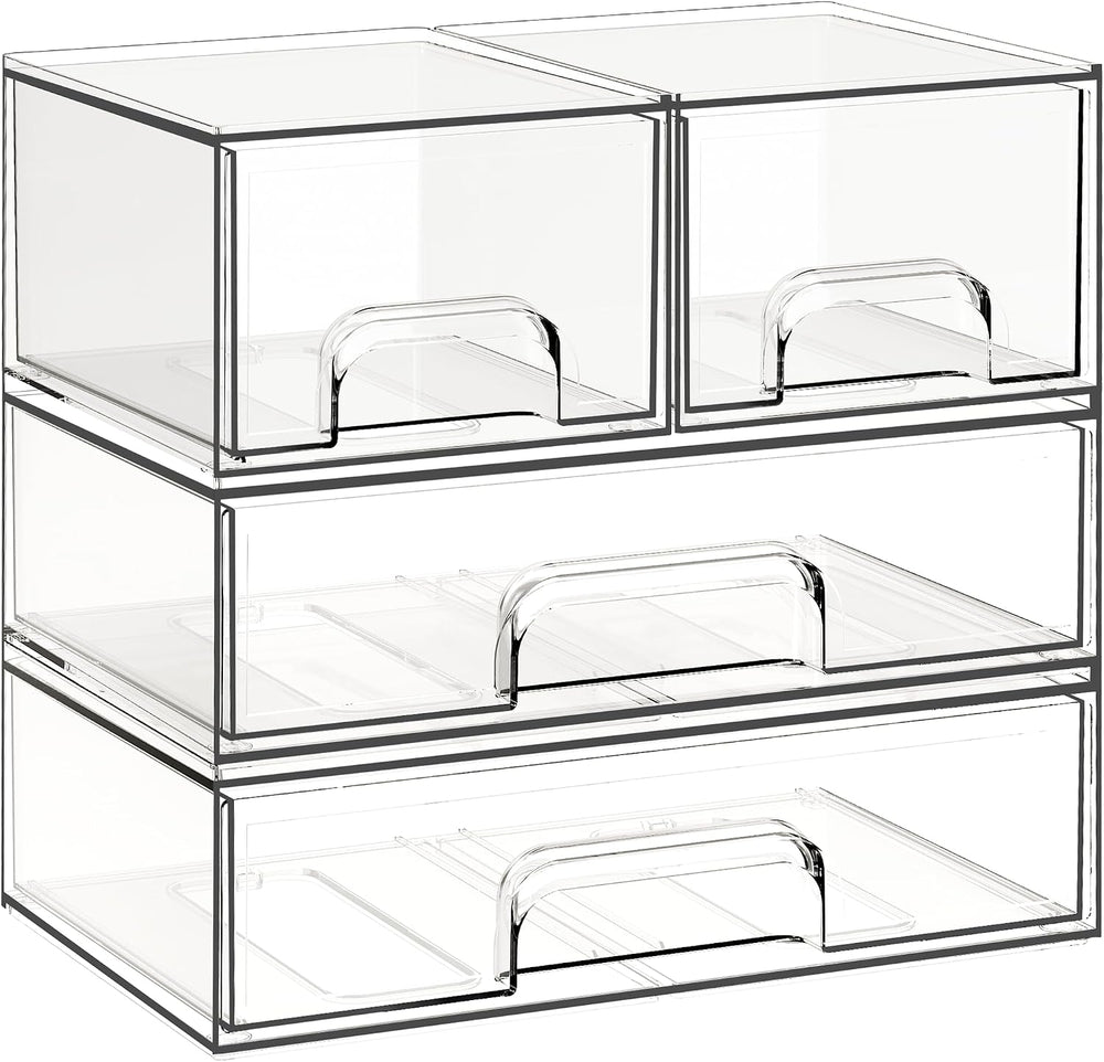 Stackable Storage Drawers, 4 Pack Clear Plastic Makeup & Bathroom Organiz...