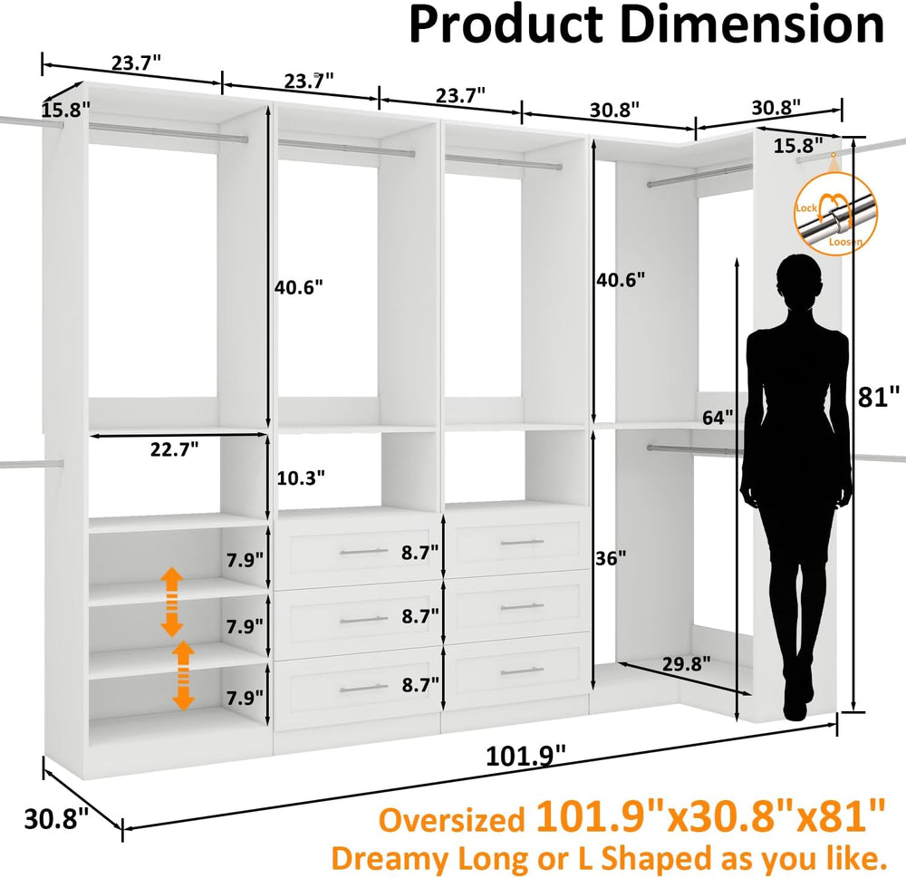 Closet System of 4 Set, 8.5FT-18.5FT Closet Organizer Systems with 6 Drawers ...