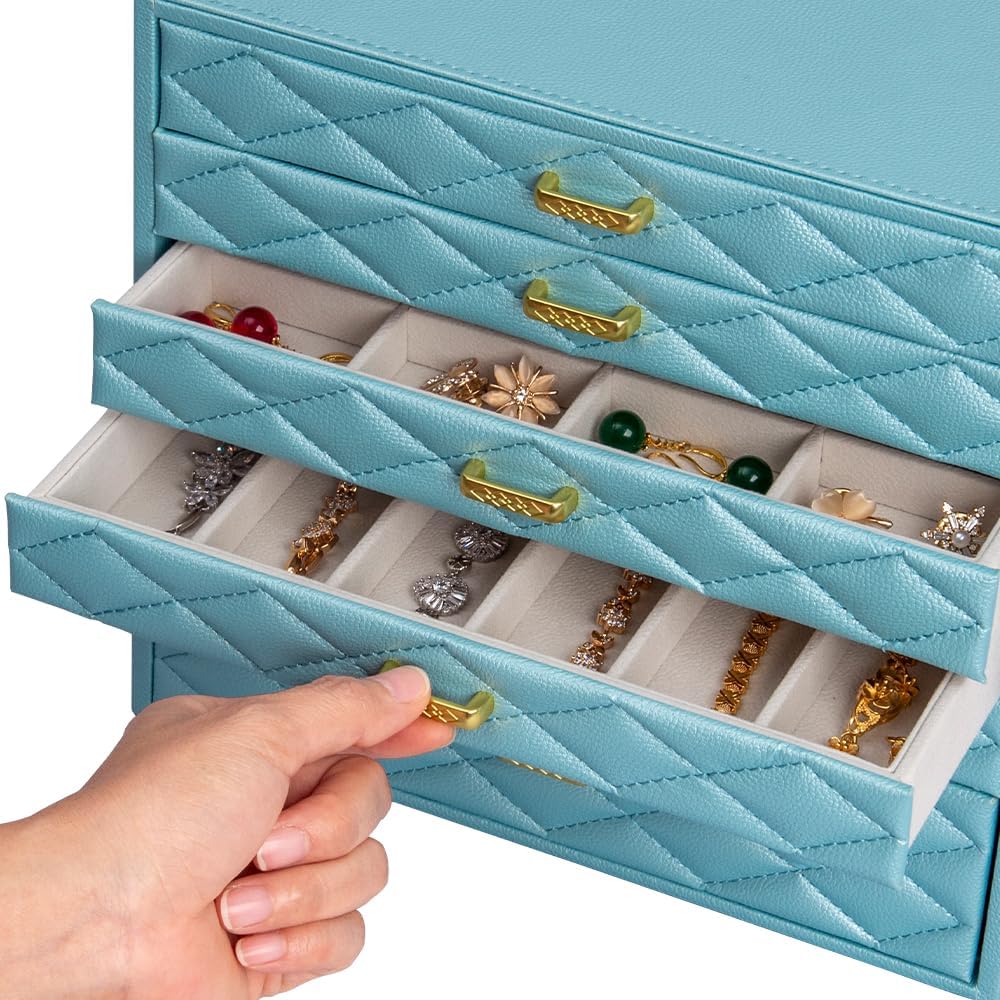 Extra Large Jewelry Box Organizer with 10 Drawers - Premium Faux Leather Stor...