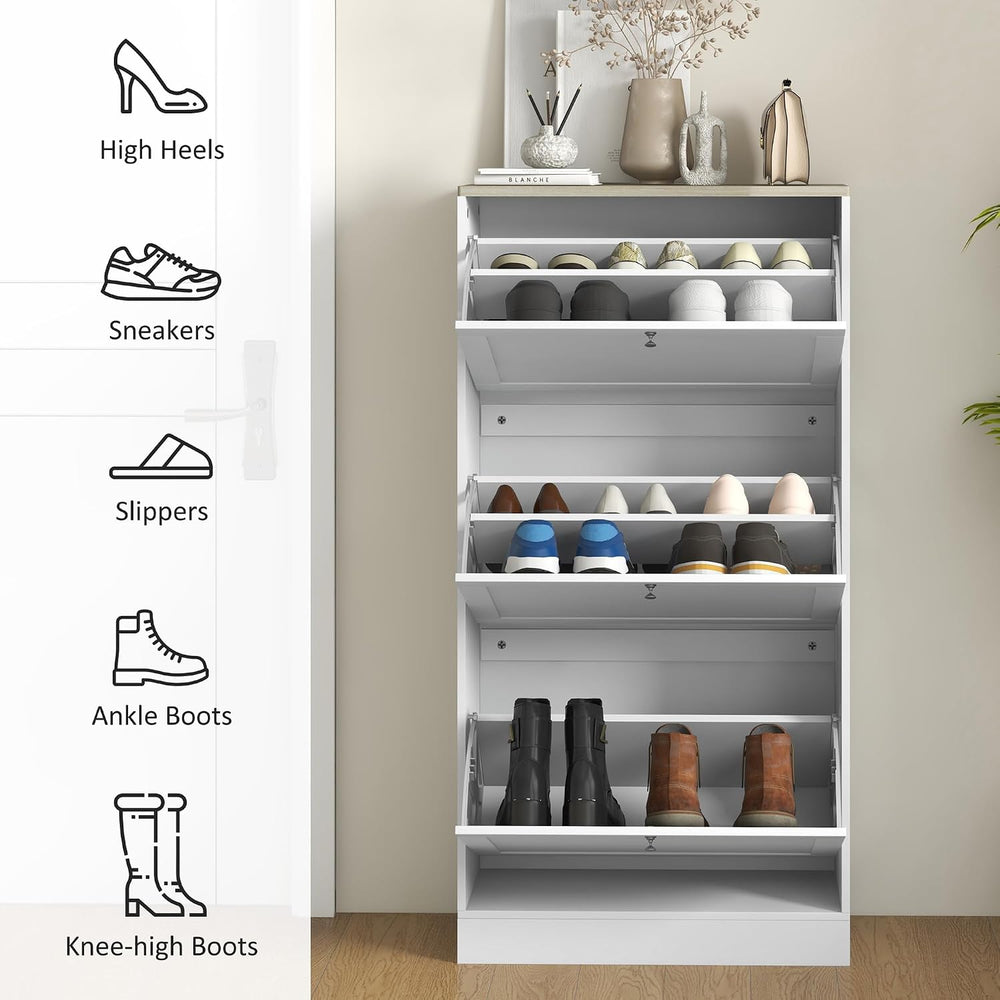 HOMCOM Shoe Storage Cabinet with 3 Flip Drawers, Adjustable Shelves, White