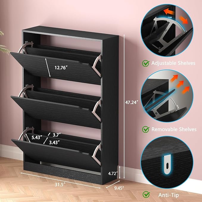 Shoe Storage Cabinet with 3 Flip Drawers, Narrow Shoe Rack Cabinet,