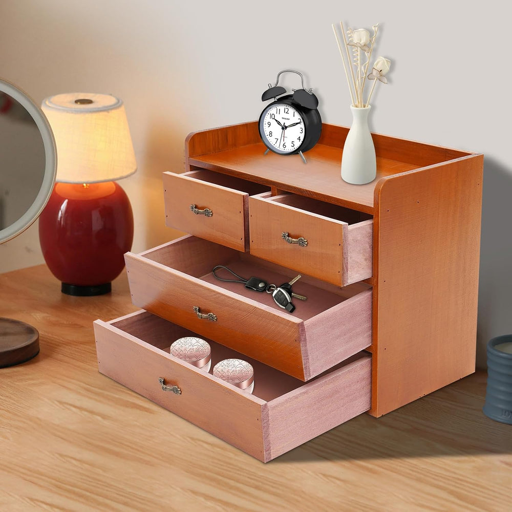 Wood Desktop Organizer with 4 Drawers Countertop Desk Storage Cabinet Retro W...