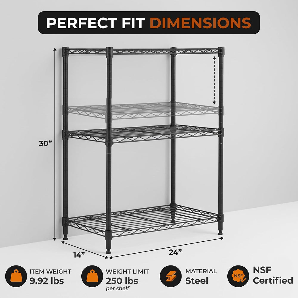 3-Tier Metal Wire Shelf, 250 lb/Shelf, Black, 13.5x23.3x30.1 in