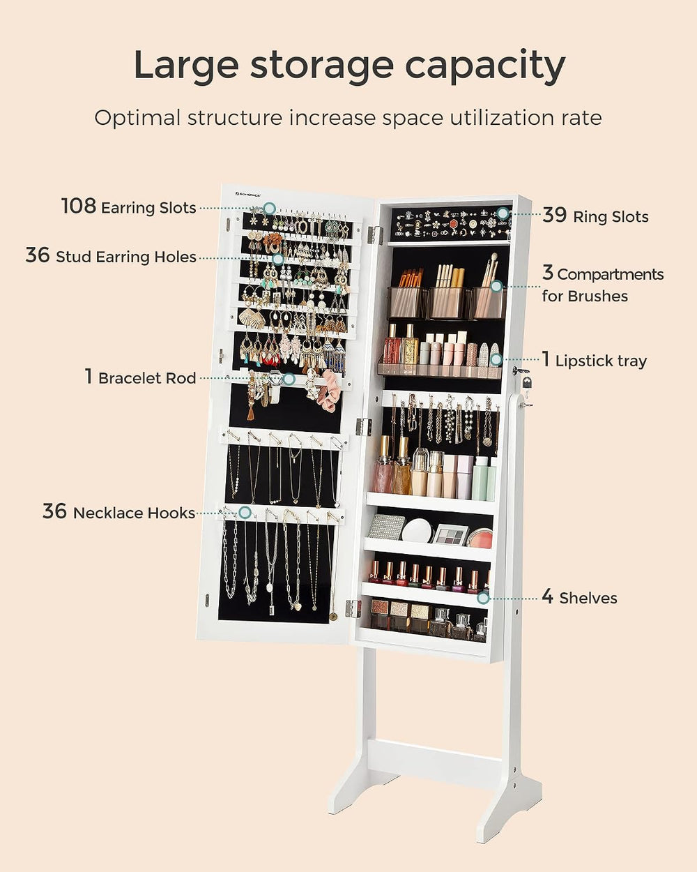 SONGMICS LED Jewelry Cabinet Standing, Lockable Armoire