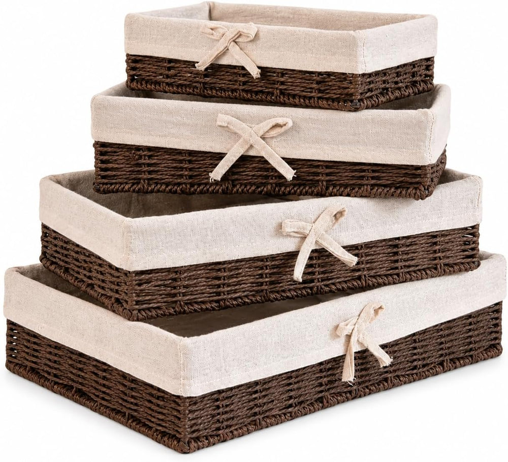 Lined Baskets for Shelves, Set of 4 Woven Paper Rope, Brown