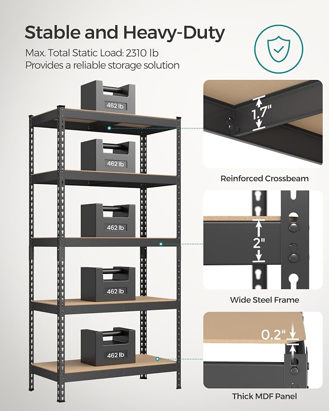 SONGMICS 5-Tier Storage Shelves, Load 2310 lb, Boltless Assembly, Adjustable ...