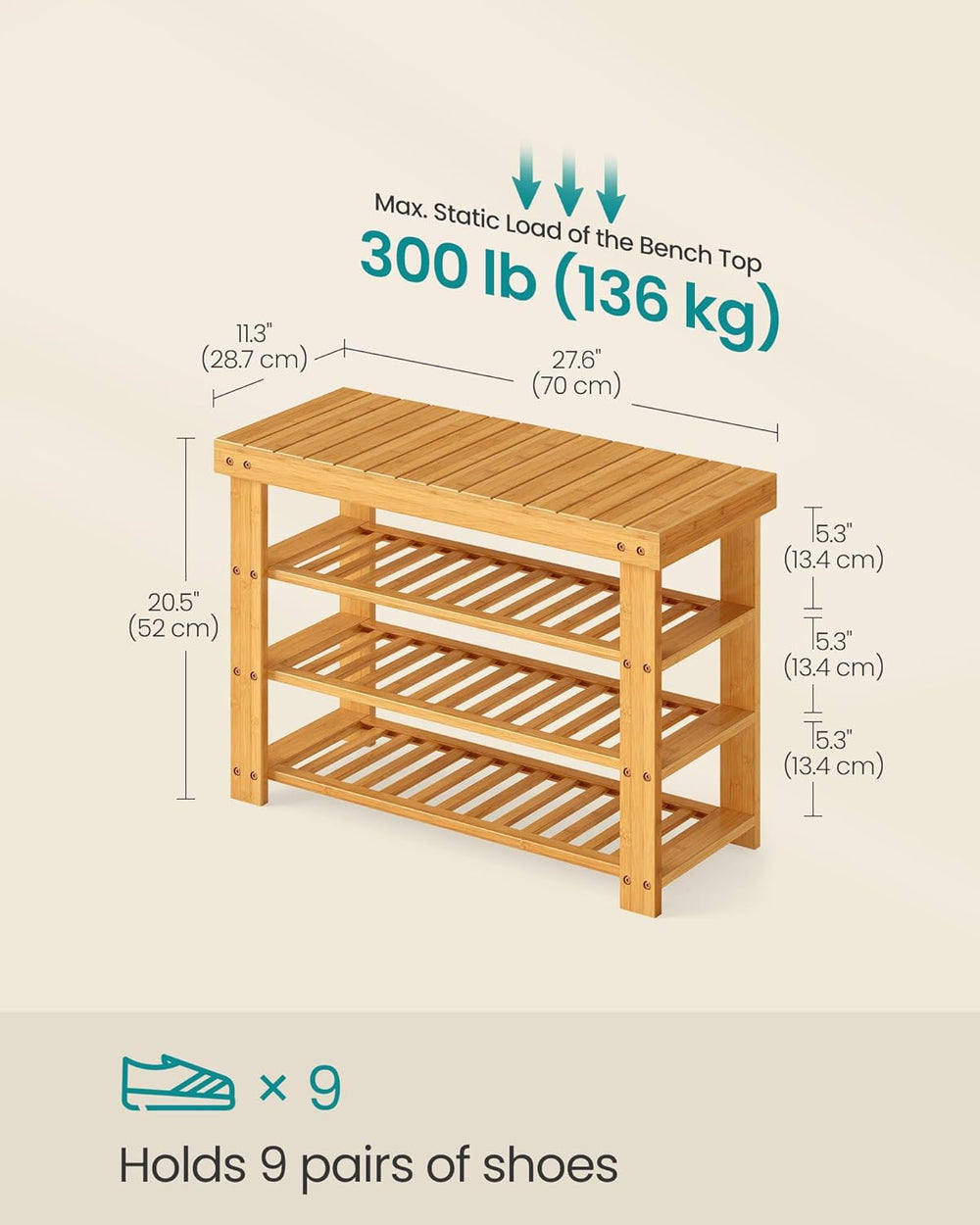 SONGMICS Shoe Rack Bench, 4 Tier Bamboo, 11.3 x 27.6 x 20.5 Inches
