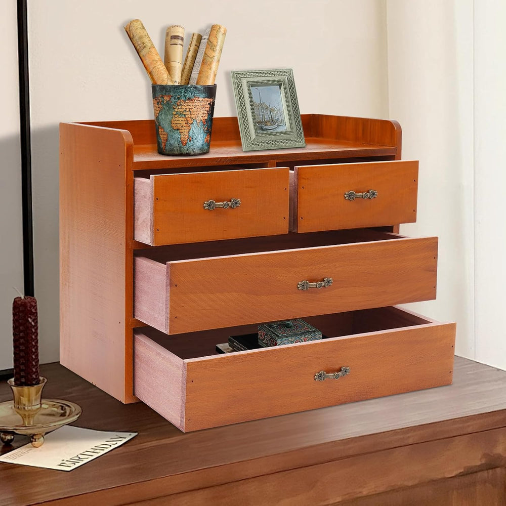 Wood Desktop Organizer with 4 Drawers Countertop Desk Storage Cabinet Retro W...