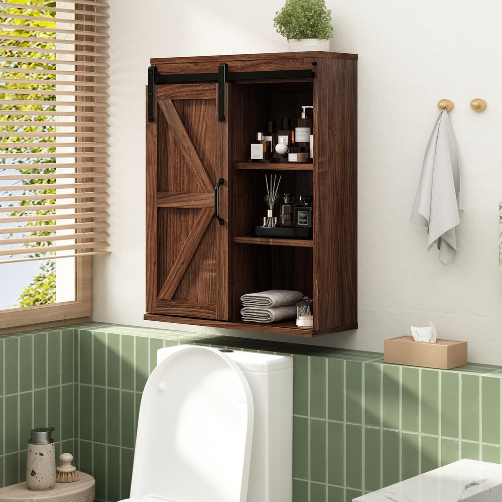 RUSTOWN Farmhouse Bathroom Wall Cabinet with Sliding Barn Door