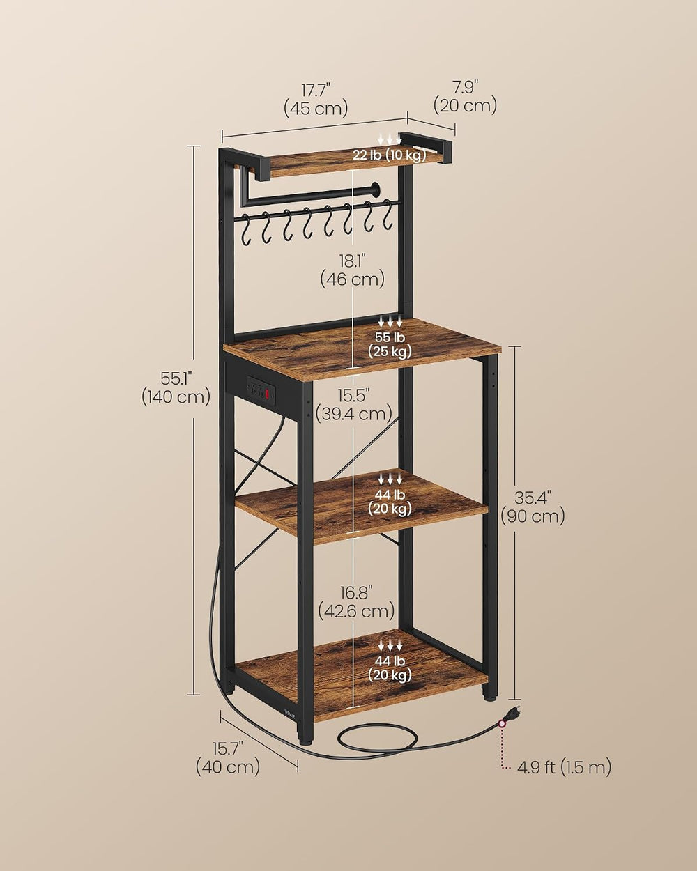 VASAGLE 4-Tier Kitchen Bakers Rack with Power Outlet, 17.7-Inch Wide