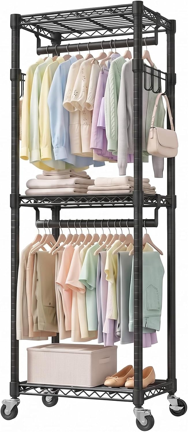 Duty Rolling Rack, 3-Tier Adjustable Clothes Rack with Double Rods, Black