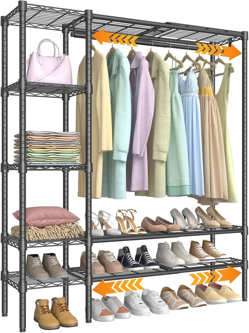 Expandable Clothes Rack with Shelves for Heavy Duty Closet Organizer System