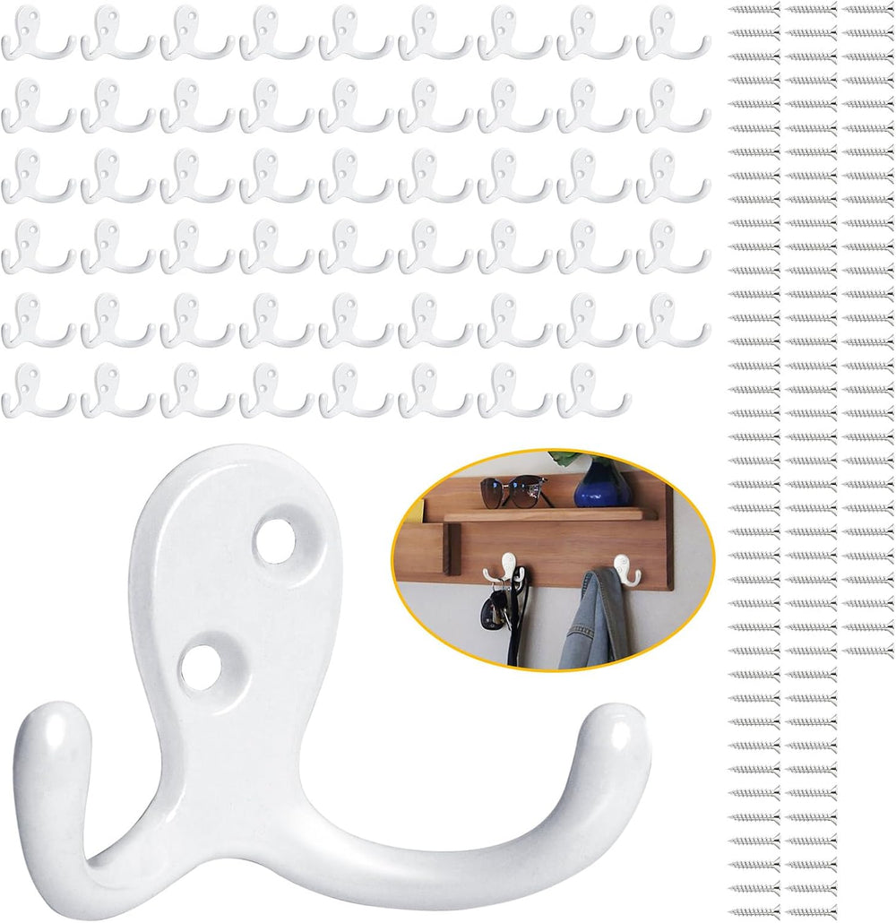 Homanu 54 Pack Coat Hooks, Heavy Duty Double Prong Coat Hooks Wall Mounted wi...