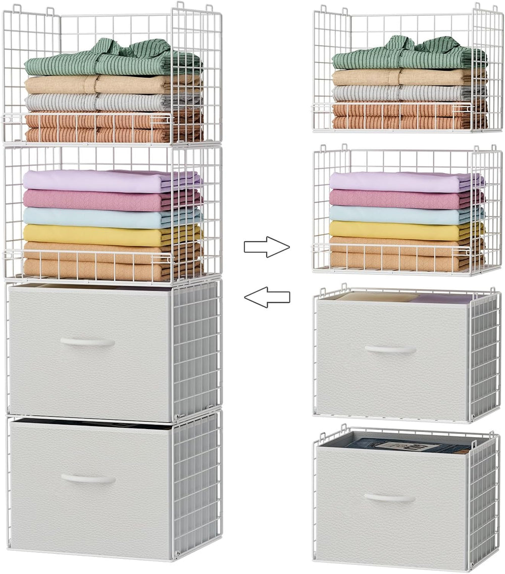4-Tier Stackable Closet Organizers with 2 Drawers, Foldable Closet Shelf Orga...