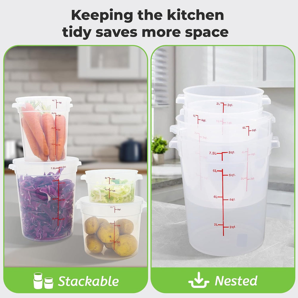 BIEAMA 4 Pack 8 Qt Round Food Storage Containers with Lids, Translucent PP
